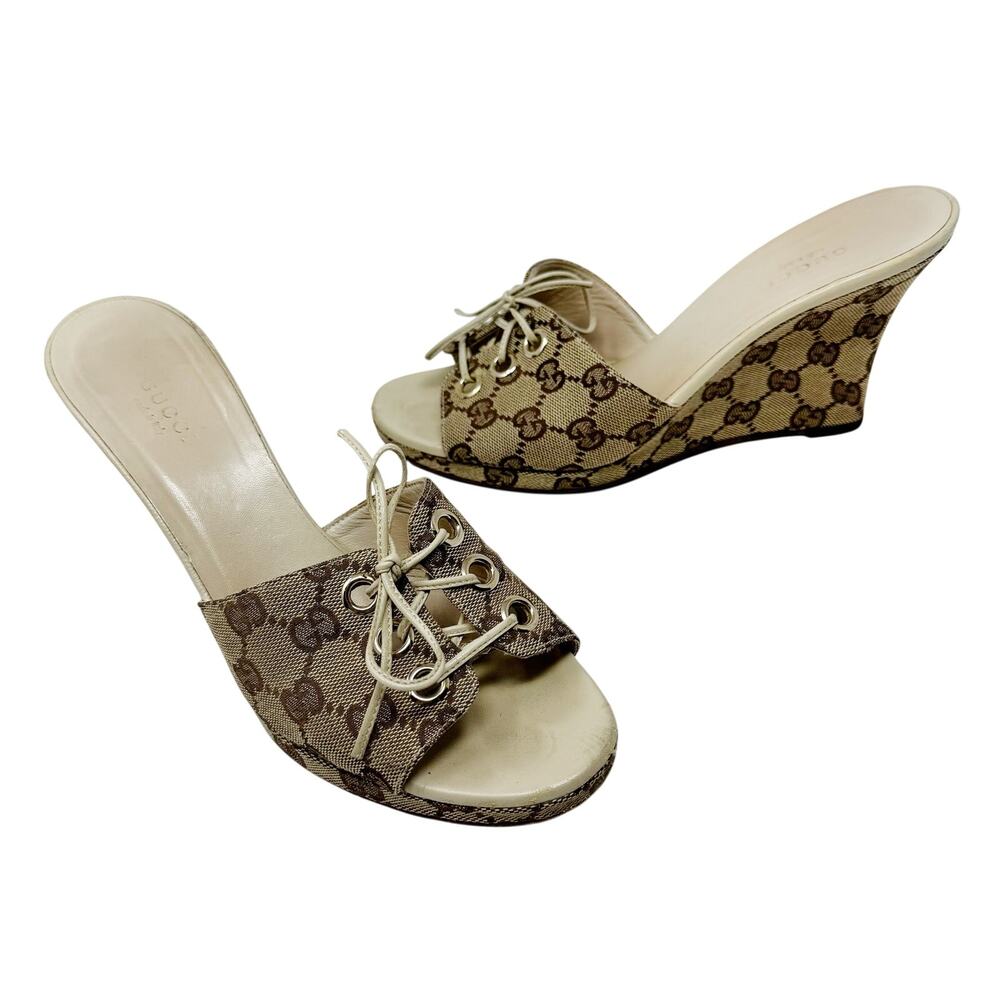 Vintage Gucci GG Monogram Canvas Wedge Slide Sandal US 8
